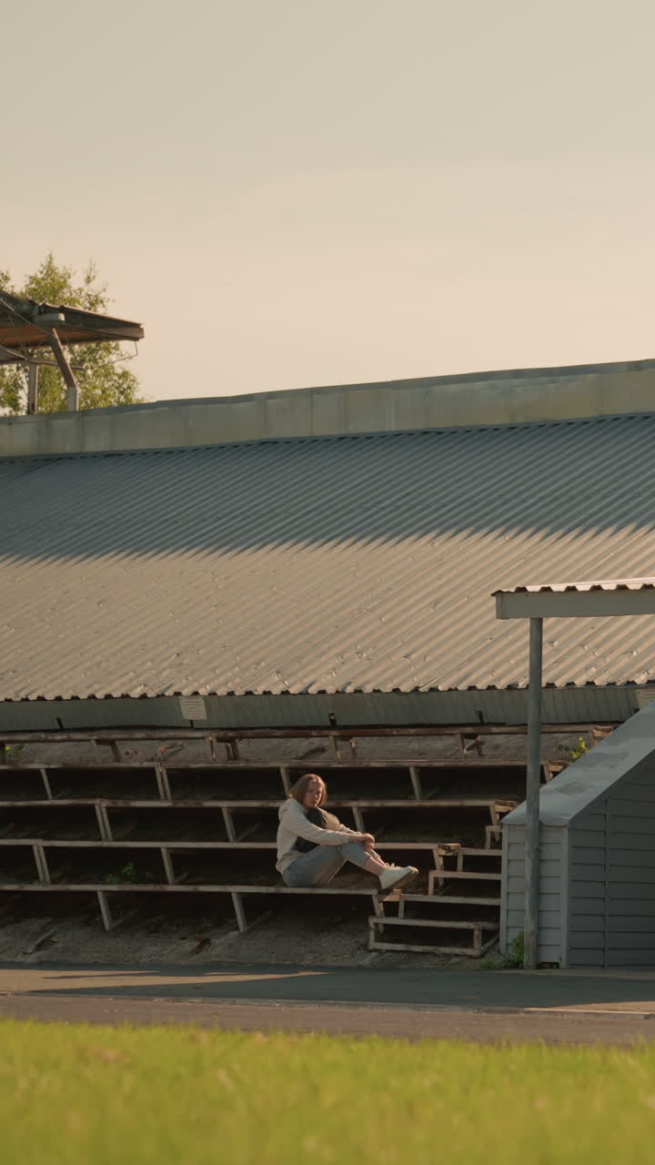 젊은 여성은 금속 지붕 구조 아래의 경기장 대기석에 혼자 앉아 있으며, 초록색과 건축물로 둘러싸여 있으며, 나무와 기둥이 배경입니다.