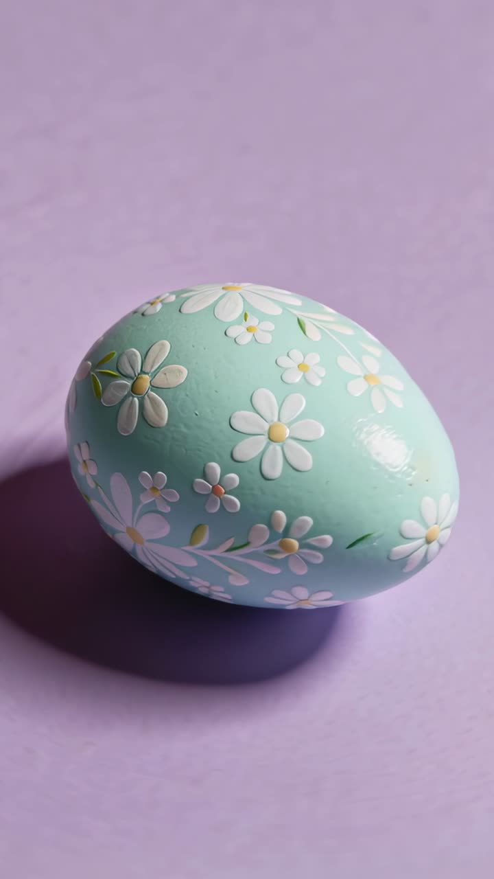 Playback starting, mint-green egg rolling clockwise on lavender sheet, revealing daisy design