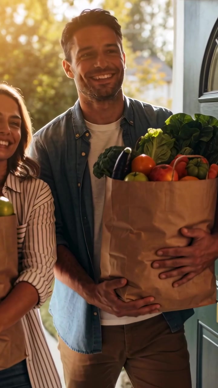 Vertical video: Coming pair entering front door holding paper bags bringing produce, denim, striped