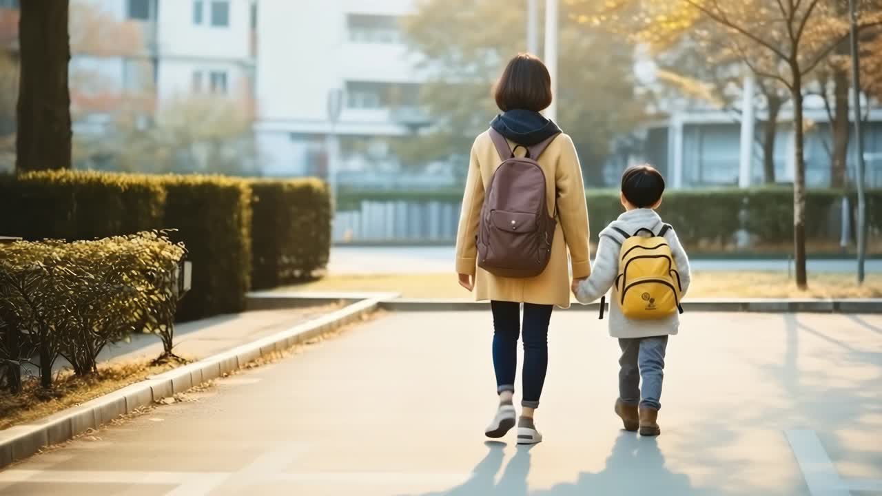 A warm, back-view video scene of a parent and child walking hand in hand on a sunlit path