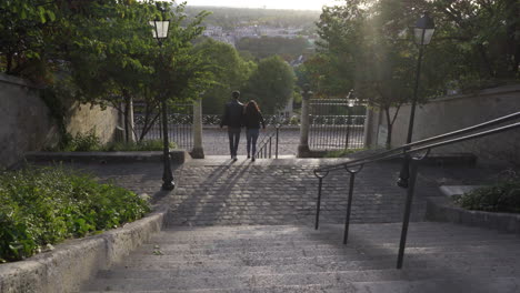 romantic couple walking up stone stairs in paris with scenic city view