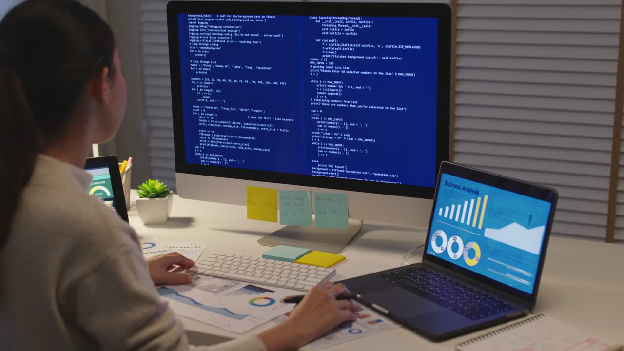 Asian woman data scientist work home night computer science program.