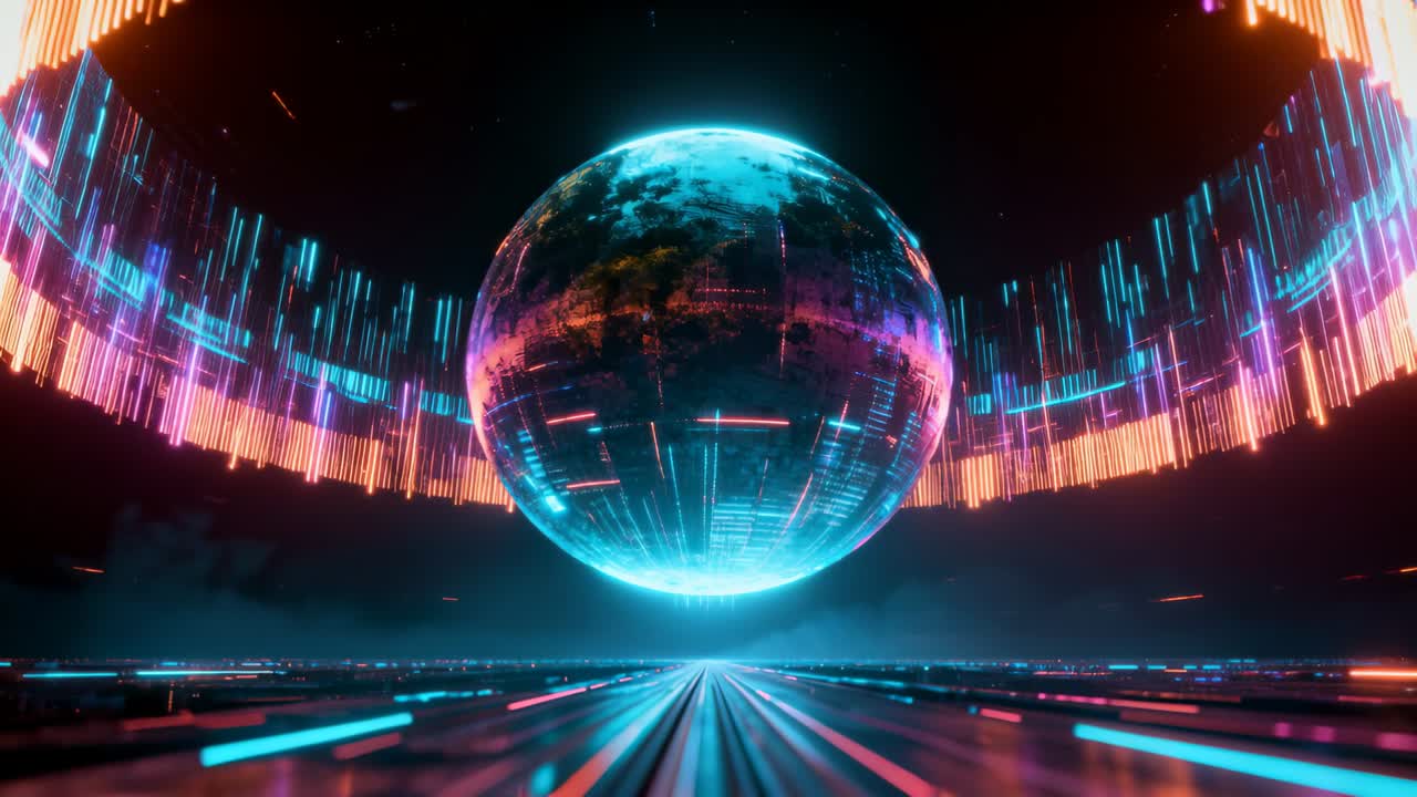 Vertikales Video: Holografische Kugel schwebt über Metallboden, Neonbalken pulsieren Datenstrahlen für die Technik.