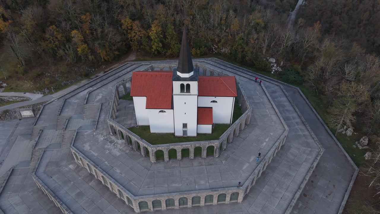 Rising drone shot of the Italian Charnel House, a First World War memorial in Kobarid, Slovenia