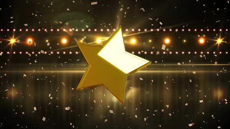 Animation-of-christmas-gold-star-and-confetti-falling-over-spots-of-light-in-background