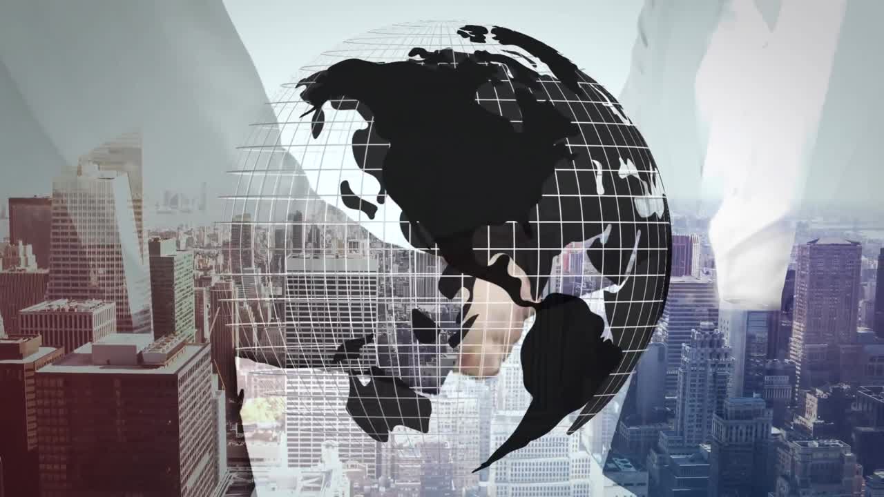 animación del globo sobre el apretón de manos del hombre de negocios