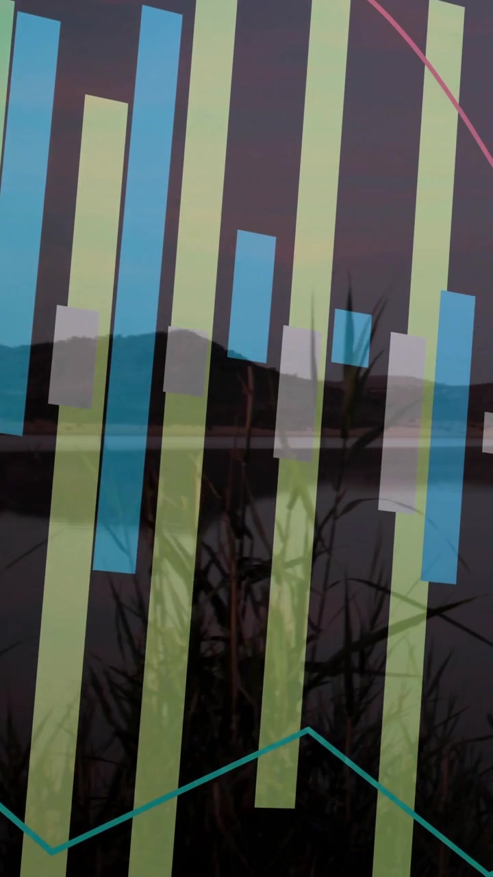 Vertical video: Dusk starting, chart hovering over lake bars pulsing lines sweeping showing trends