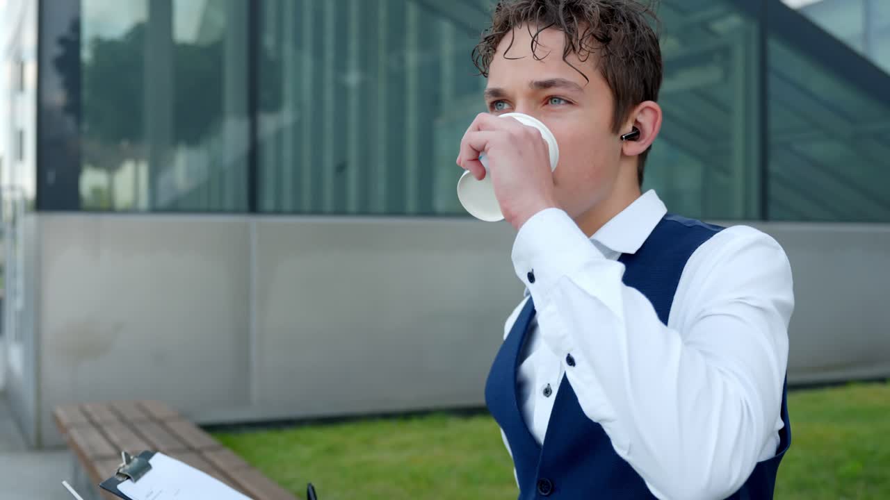 Young man in a waistcoat working on a laptop, holding a coffee cup and clipboard with documents, focusing on business tasks in an outdoor city setting, slow motion dolly in shot