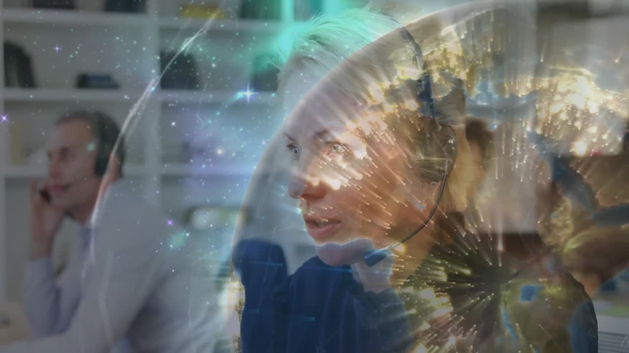 Call center agent answering call and initiating starfield rotating globe illustrating global link