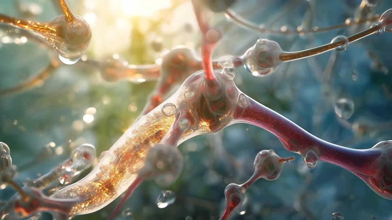 Pushing camera revealing tubular branch in microscale fluid to reveal internals, droplets merging