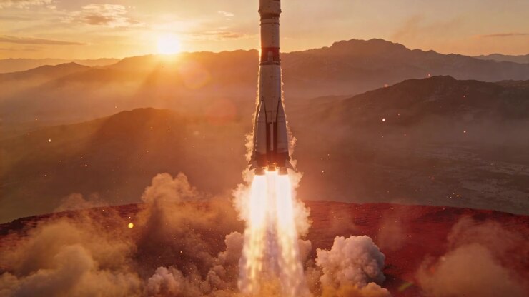 Engines igniting rocket climbing from reddish plateau, producing bright exhaust plume and embers