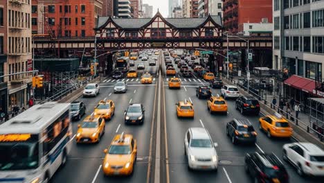 busy city street with moving traffic and taxis