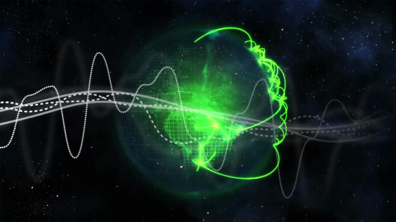 Animation of data processing against green light trails over spinning globe in space