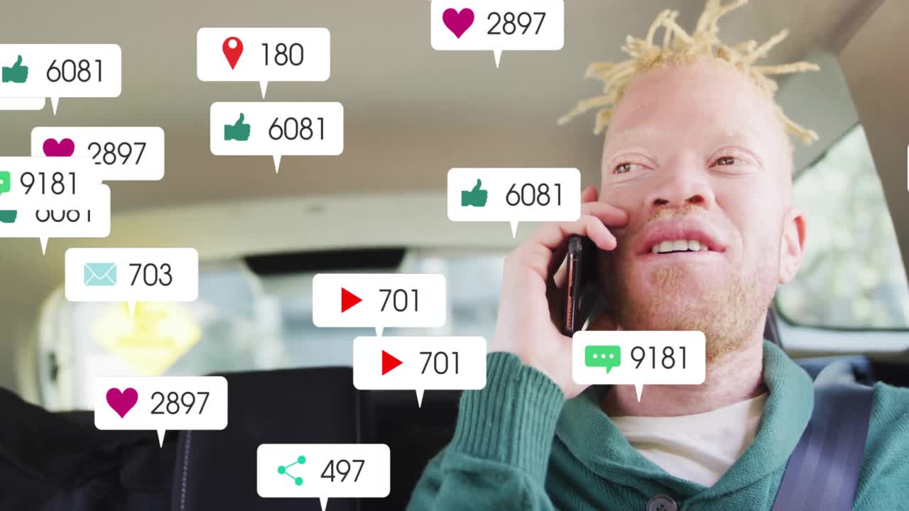 Mann som snakker i telefonen, omgitt av animerte ikoner for sosiale medier-interaksjon.
