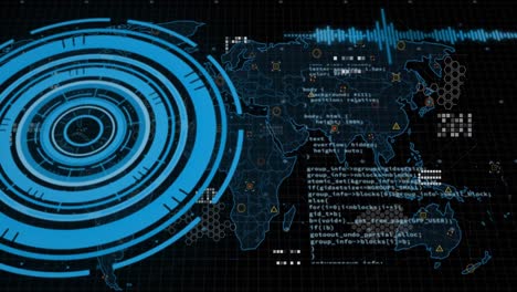 Animation-Der-Datenverarbeitung-Und-Weltkarte-Auf-Schwarzem-Hintergrund