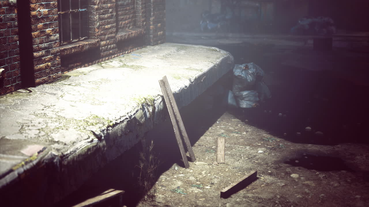 Urban alleyway features weathered pavement and scattered debris at dusk