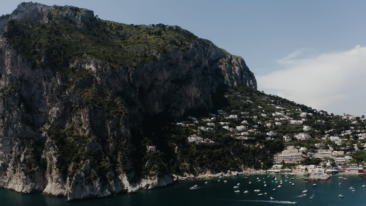 Wide aerial view of Capri, Italy's beautiful shoreline