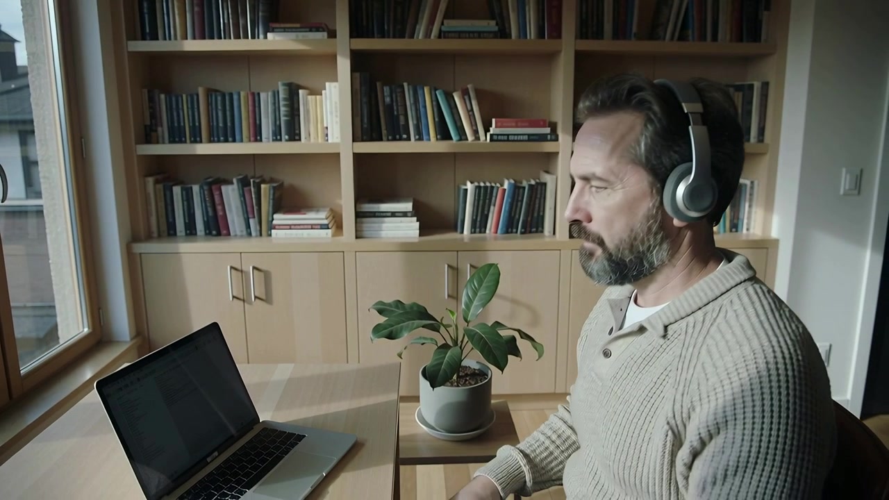 Mand i sweater tager hovedtelefoner på og gør bærbar computer klar til opkald på hjemmekontoret, plante, kopieringsplads