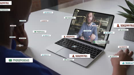 contact numbers and user ids animation over person video calling on laptop