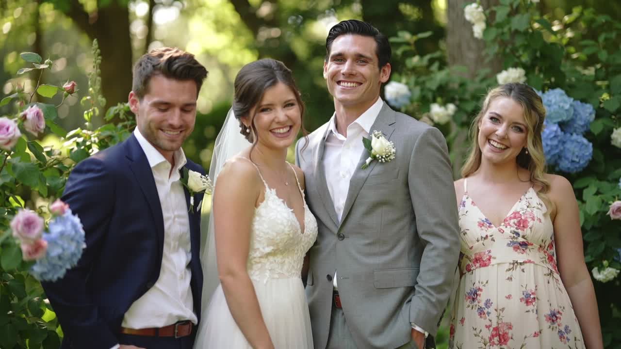 In risposta a un segnale, sposi e amici si stringono, ridendo in giardino con velo e boutonnière.