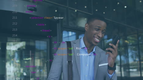 Animation-Der-Datenverarbeitung-über-Einem-Afroamerikanischen-Geschäftsmann,-Der-Auf-Dem-Smartphone-Spricht
