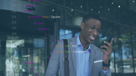 animación del procesamiento de datos sobre un hombre de negocios afroamericano hablando en un teléfono inteligente