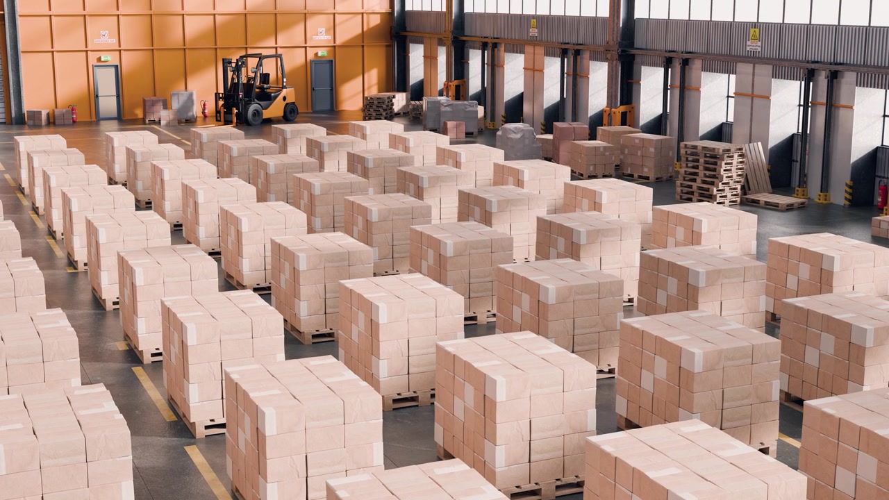 Rows of Cardboard Boxes on Pallets in a Large Warehouse