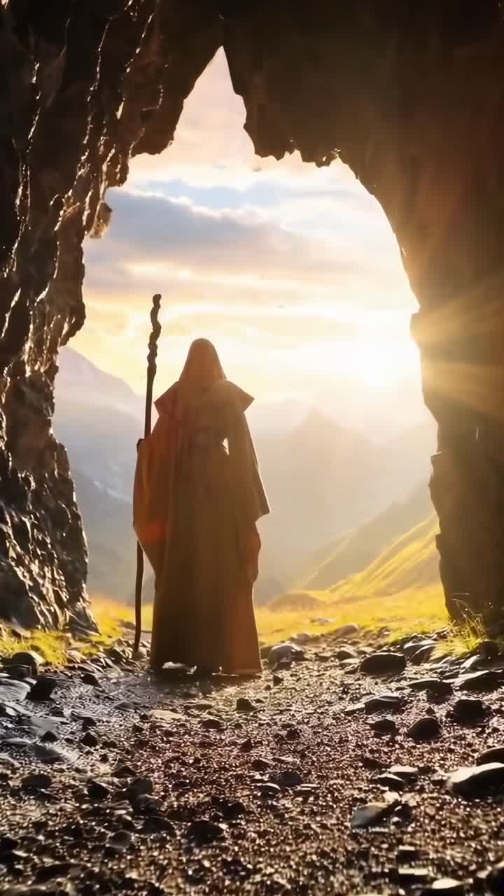 Una scena video mistica di una figura ammantata all'ingresso di una grotta, retroilluminata dall'alba, angolazione dal basso
