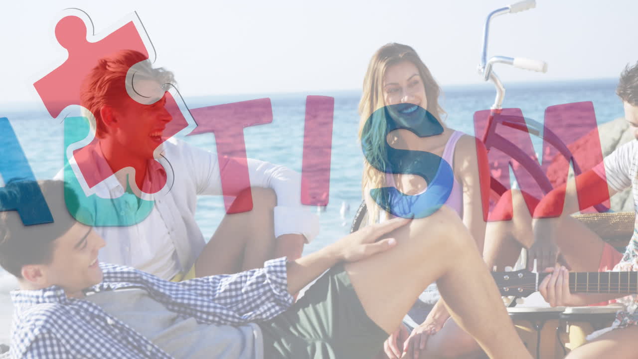 여름 해변 파티에서 행복한 친구들 위에 다채로운 퍼즐 조각과 자폐증 텍스트의 애니메이션