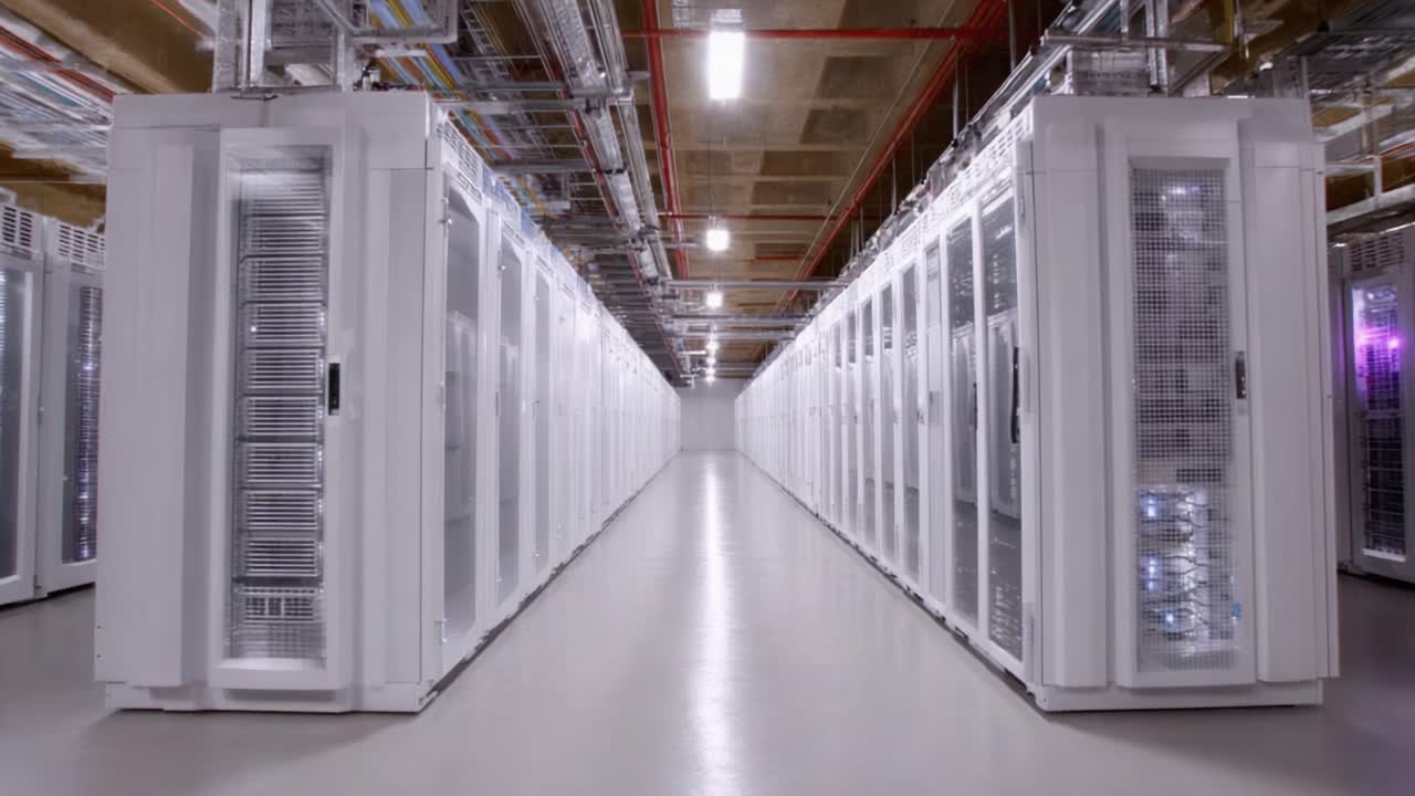 A Comprehensive View of a Modern Data Center Featuring Server Racks and Efficient Infrastructure Designed for High-Performance Computing and Data Management