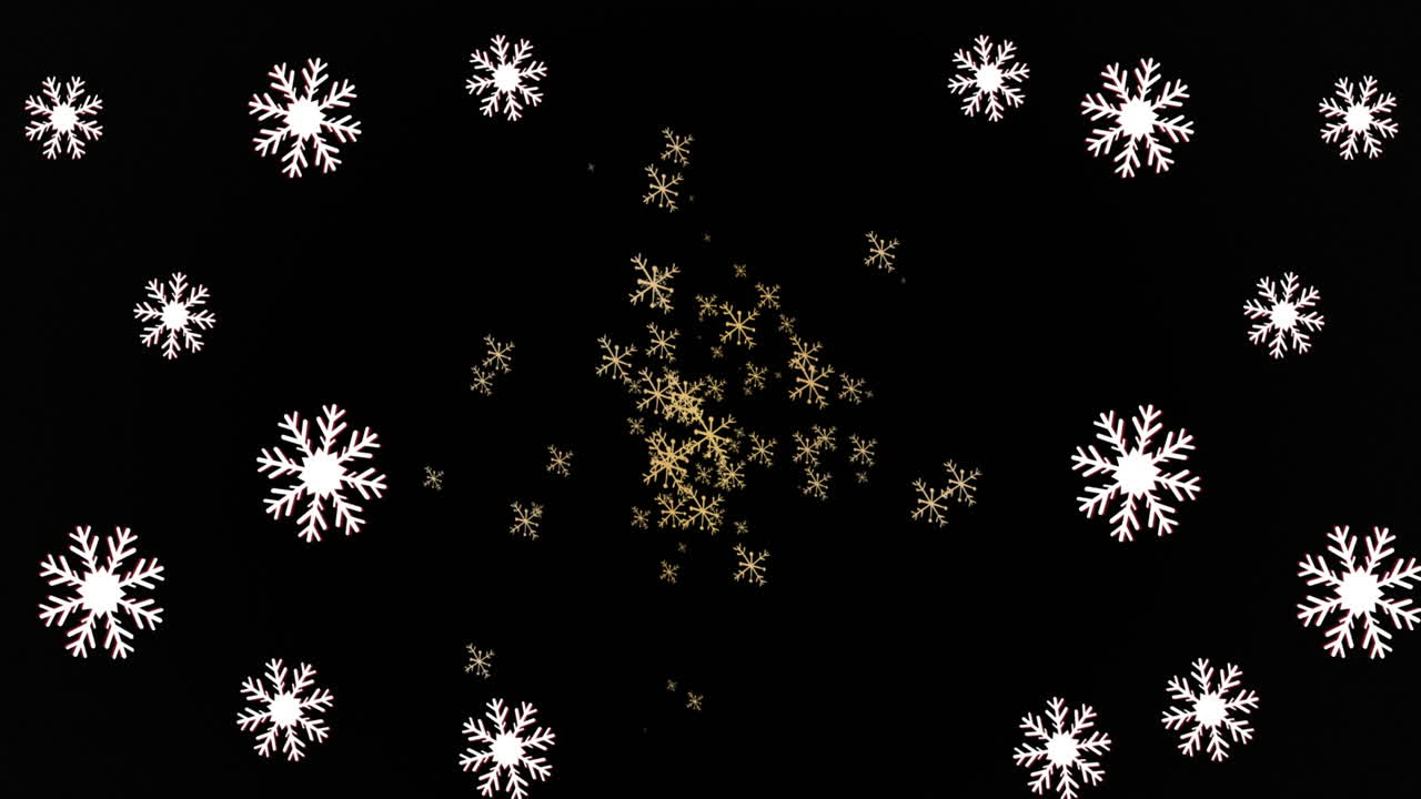 Animation of snow falling on black background at christmas