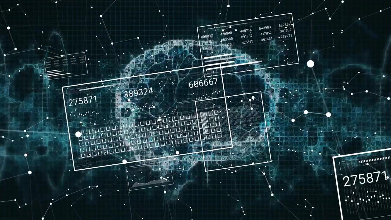 Drifting bars starting hologram brain pulsing teal waveform cycling data panels for AI analytics