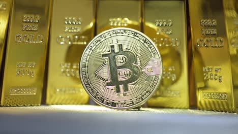 bit coins stands in front of many golden bricks or blocks and colorful bulb lights on