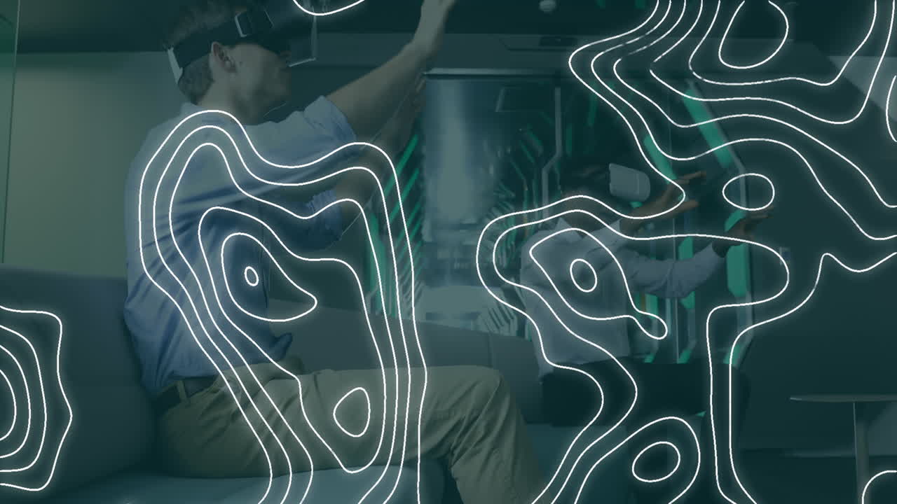 Animation of moving white lines over caucasian businessman wearing vr headset