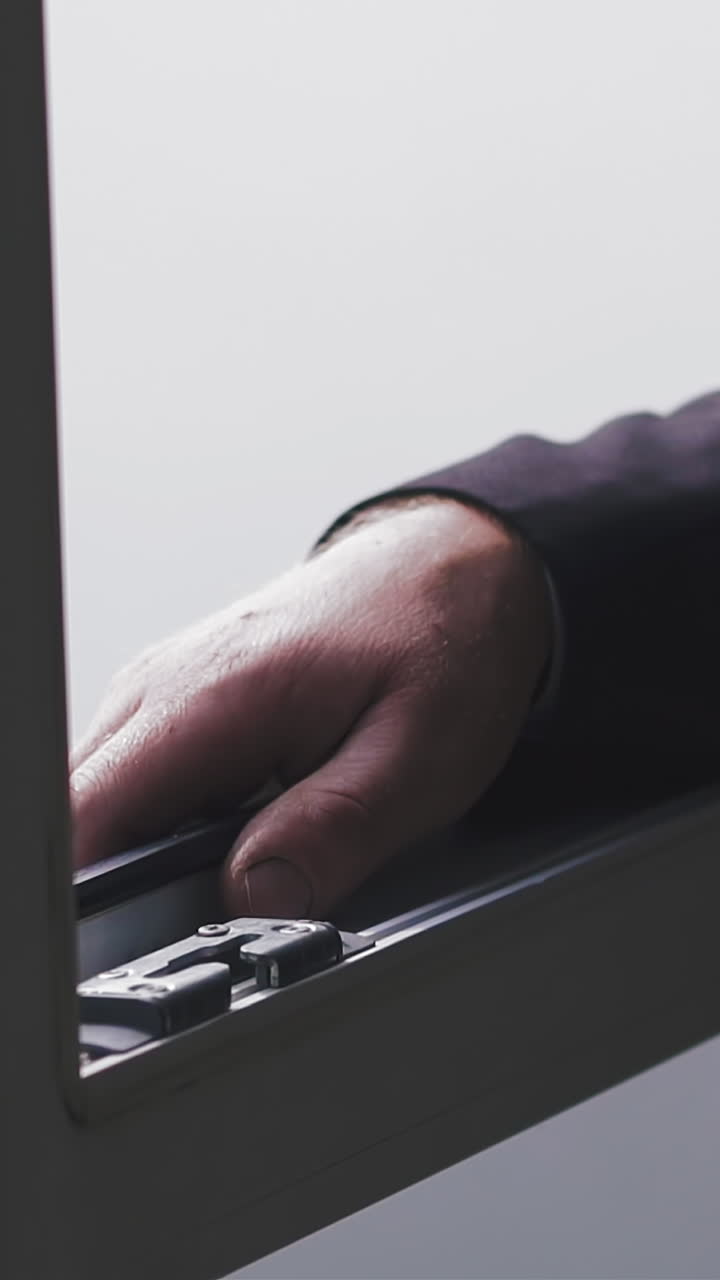 CU, slow motion: confident businessman in dark suit walks to open window and leans out having break in modern company office extreme close view