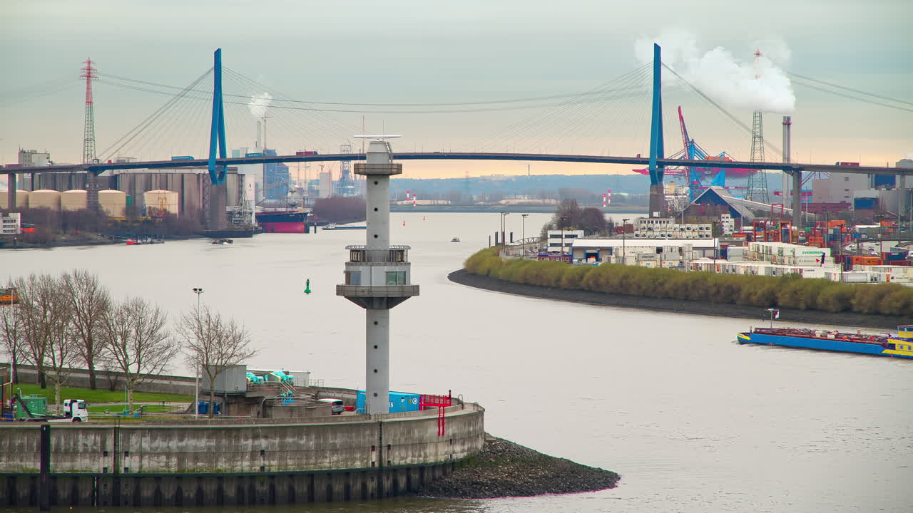 time lapse shot of the port of hamburg with the famous kohlbrand bridge in the background