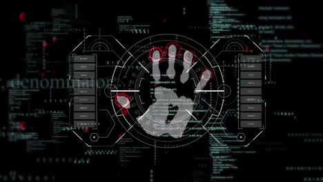 animación del procesamiento de datos y fondo biométrico de huellas de mano