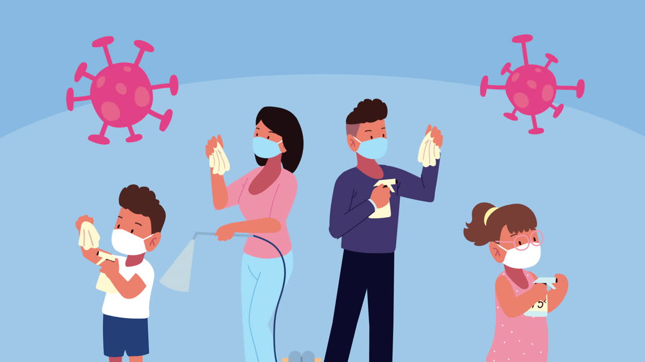 가족 캐릭터와 코로나19 입자 애니메이션