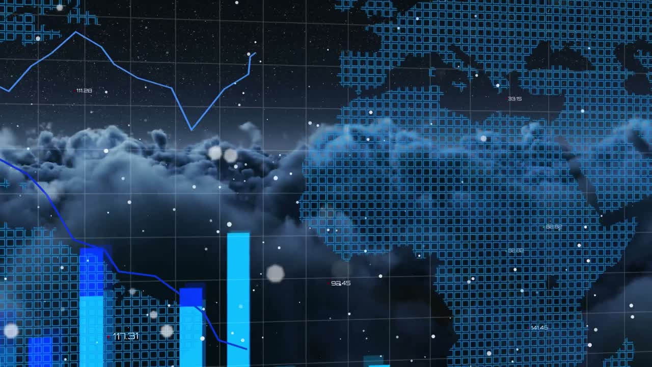 Animation of graphs and dots over world map and night cloudy sky