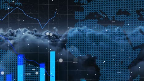 animation of graphs and dots over world map and night cloudy sky