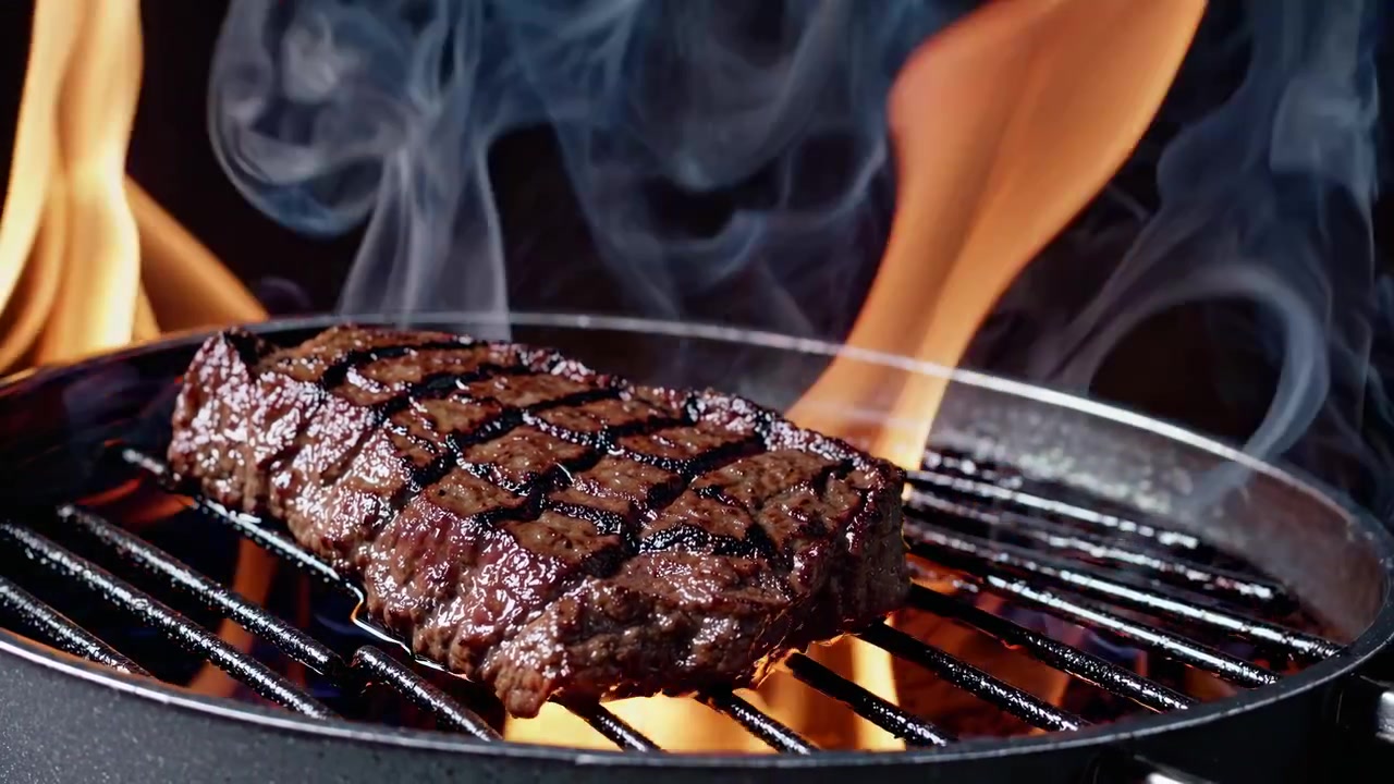 Succulenta bistecca di manzo che griglia su fiamme vive