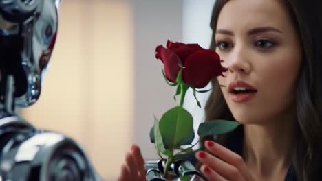 an intriguing encounter between human emotion and artificial intelligence: a woman receiving a rose from a robot in a thought-provoking moment of beauty and connection