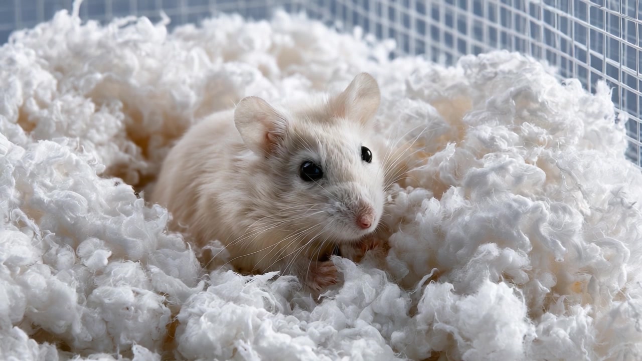 Un curioso topo bianco accoccolato in una morbida lettiera: primo piano accattivante di un adorabile animale domestico nel suo soffice habitat.