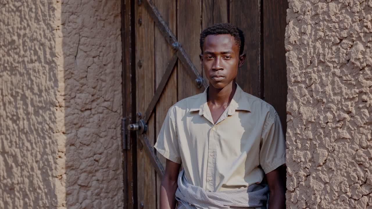joven fuera de una casa rural