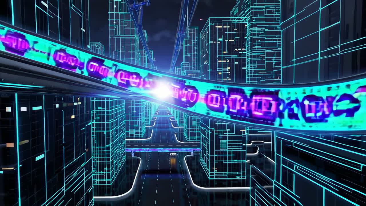 Futuristic City with Glowing Data Stream Transport System