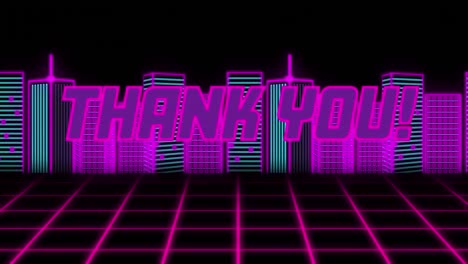 animation of thank you text over cityscape on black background