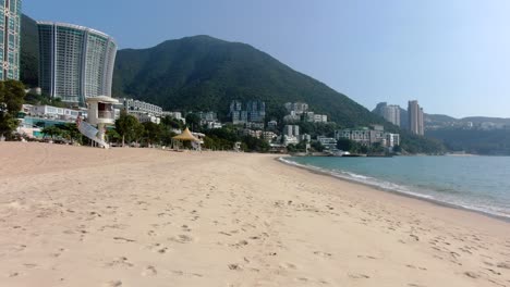 Empty-public-beach-in-Hong-Kong-due-to-Covid19-lockdown-guidelines,-Aerial-view