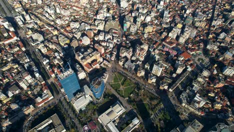 City-center-of-capital-Tirana-in-Albania-seen-from-above,-main-buildings-and-streets