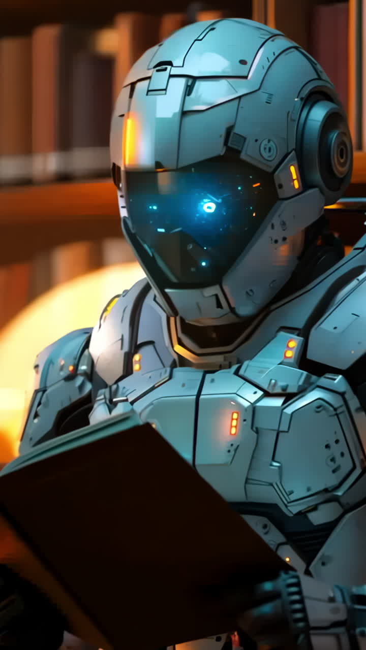 A robot is reading a book in a library. The robot is wearing a white suit and has a blue helmet. The robot is standing in front of a bookshelf filled with books