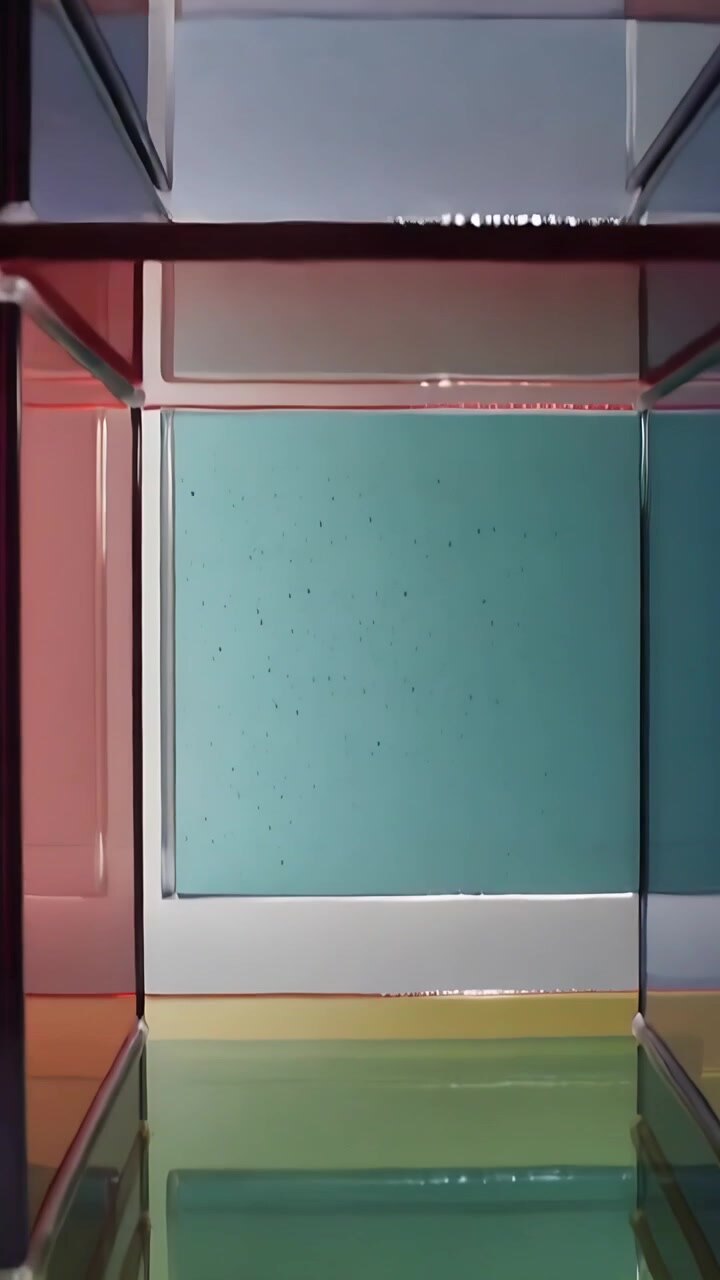 Vertical video: Pouring liquid filling glass shelves on table, forming blue green and golden layers